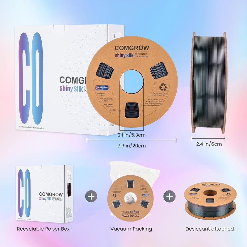 Comgrow Rainbow Colors Silk PLA 3D Printer Filament, PLA Filament 1.75mm, Dimensional Accuracy +/- 0.02 mm, 1KG Spool, Coextrusion 3D Filament with Shiny Silk Rainbow Universe - Image 4